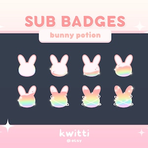 Könnte beinhalten: Acht animierte Twitch-Abonnenten-Badges mit einem Hasenkopf, in dem sich ein Regenbogen-Trank befindet. Die Badges befinden sich in verschiedenen Animationsstadien, wobei der Trank sich füllt und der Hasenkopf leuchtet. Der Text "SUB BADGES" und "bunny potion" befindet sich oben im Bild. Der Text "kwitti @etsy" befindet sich unten im Bild.