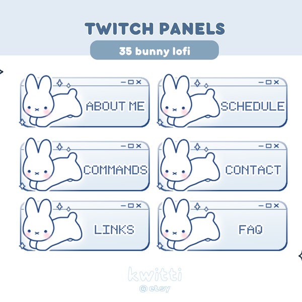 x35 Cute White Bunny Plush Twitch Panels | Blue Lofi Soft Pastel Kawaii Y2k Aesthetic Plushie Sparkly Rabbit Panels | Stream Panels