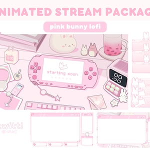 Animado rosa fofo Lofi Stream Package Bunny Plush | Y2k Estético Pastel Kawaii | Mesa aconchegante de alertas animados | Trocar