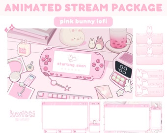 Animated Pink Cute Lofi Stream Package Bunny Plush | Y2k Aesthetic Pastel Kawaii  | Cozy Animated Alerts Desk | Switch