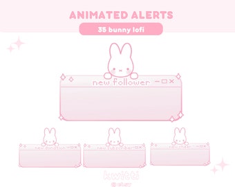 May include: Animated alerts for Twitch or YouTube featuring a pink bunny rabbit peeking over a pink and white banner with the text "new follower -ox". Three additional banners are shown with the text "new donation -ox", "new subscriber -ox", and "new cheer -ox".