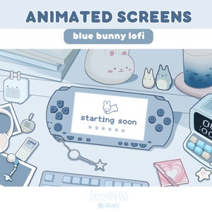 Pantallas estáticas animadas Cute Bunny Plush Lofi Desk Blue Stream Overlay Scenes / Retro Pastel Kawaii Y2k Aesthetic / Cozy Beginning Brb Ending