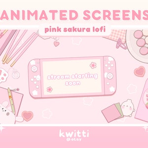 Écrans de superposition animés Lofi Desk Stream Pink Sakura | Twitch superpose des scènes | Écrans animés Twitch Lofi