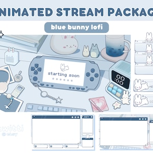 Animated Retro Lofi Stream Package Blue Cute Bunny Plush | Y2k Aesthetic Pastel Kawaii  | Cozy Animated Alerts Desk | Vaporwave