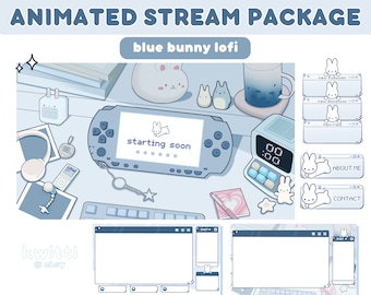 Animated Retro Lofi Stream Package Blue Cute Bunny Plush | Y2k Aesthetic Pastel Kawaii  | Cozy Animated Alerts Desk | Vaporwave