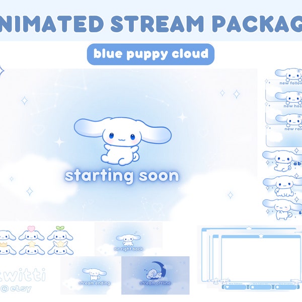 Animated Cute Bunny Plush Cinnamon Puppy Dog Blue Stream Package | Pastel Aesthetic Kawaii Uwu Overlays Panels Alerts Badges Bundle Set