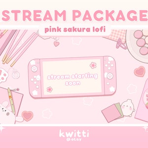 animated pink sakura lofi desk stream overlay | twitch overlays scenes panels stream package