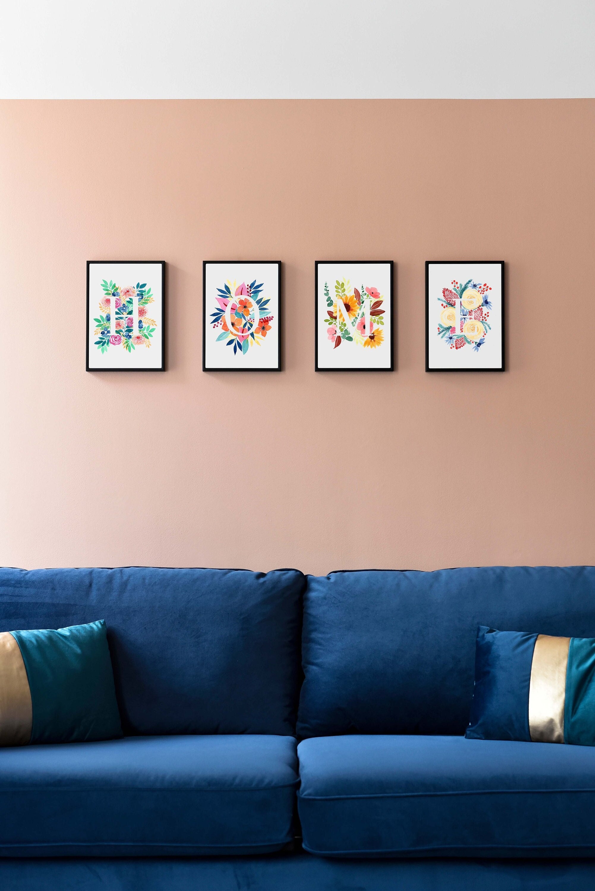 Set de 4 Monogrammes Aquarelles Fleuris - Décoration Murale Ensemble d'affiches à Offrir