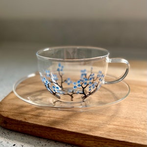 Blue Blossoms : Glass tea cup and saucer - Hand painted and Dishwasher safe