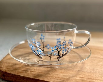 Blue Blossoms : Glass tea cup and saucer - Hand painted and Dishwasher safe