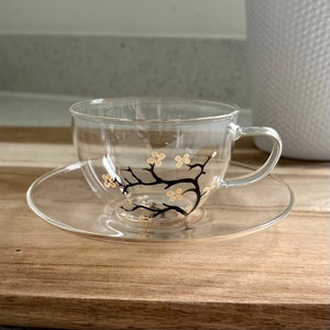 Pastel Pink Blossoms : Glass tea cup and saucer