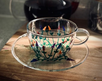 Rainbow fields : Glass tea cup and saucer - Glass Art