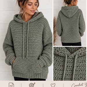 May include: A sage green crochet hoodie featuring a front kangaroo pocket, long sleeves with ribbed cuffs, a ribbed hem, and a matching drawstring hood. The design includes a PDF instant download icon, a yarn ball icon, and a heart icon.