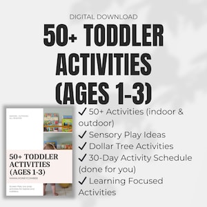 Puede incluir: Una descarga digital titulada 50+ Toddler Activities (Ages 1-3) que incluye una lista de ideas de juegos para interiores y exteriores, actividades sensoriales, proyectos económicos, un horario de 30 días y tareas de aprendizaje.