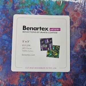May include: A package of 5-inch by 5-inch fabric squares in a variety of colors and patterns. The package contains 42 pieces of 100% cotton fabric. The fabric is from the Reflections by Marta Cortese collection by Benartex.