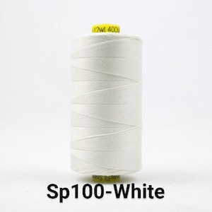 May include: A white spool of thread labeled "12wt 400m" and "Sp100-White".