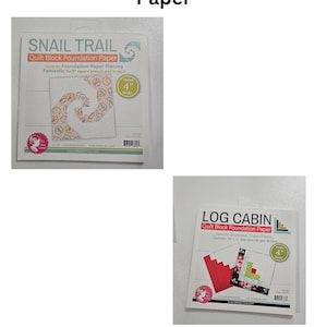 May include: Two packages of pre-printed quilt foundation paper. The first package is for a 4-inch Snail Trail quilt block and the second package is for a 4-inch Log Cabin quilt block.