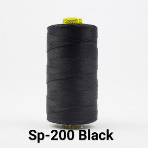 May include: A spool of black thread labeled "Spaghetti Co. Sp-200 Black".