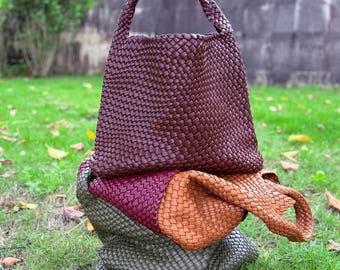 Handwoven Tote Bag, Artisanal Shoulder Hobo, Vegan Leather Casual Handbag