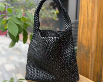 Handwoven Vegan Leather Tote Bag, Boho Artisanal Shoulder Hobo Bag for Daily Use