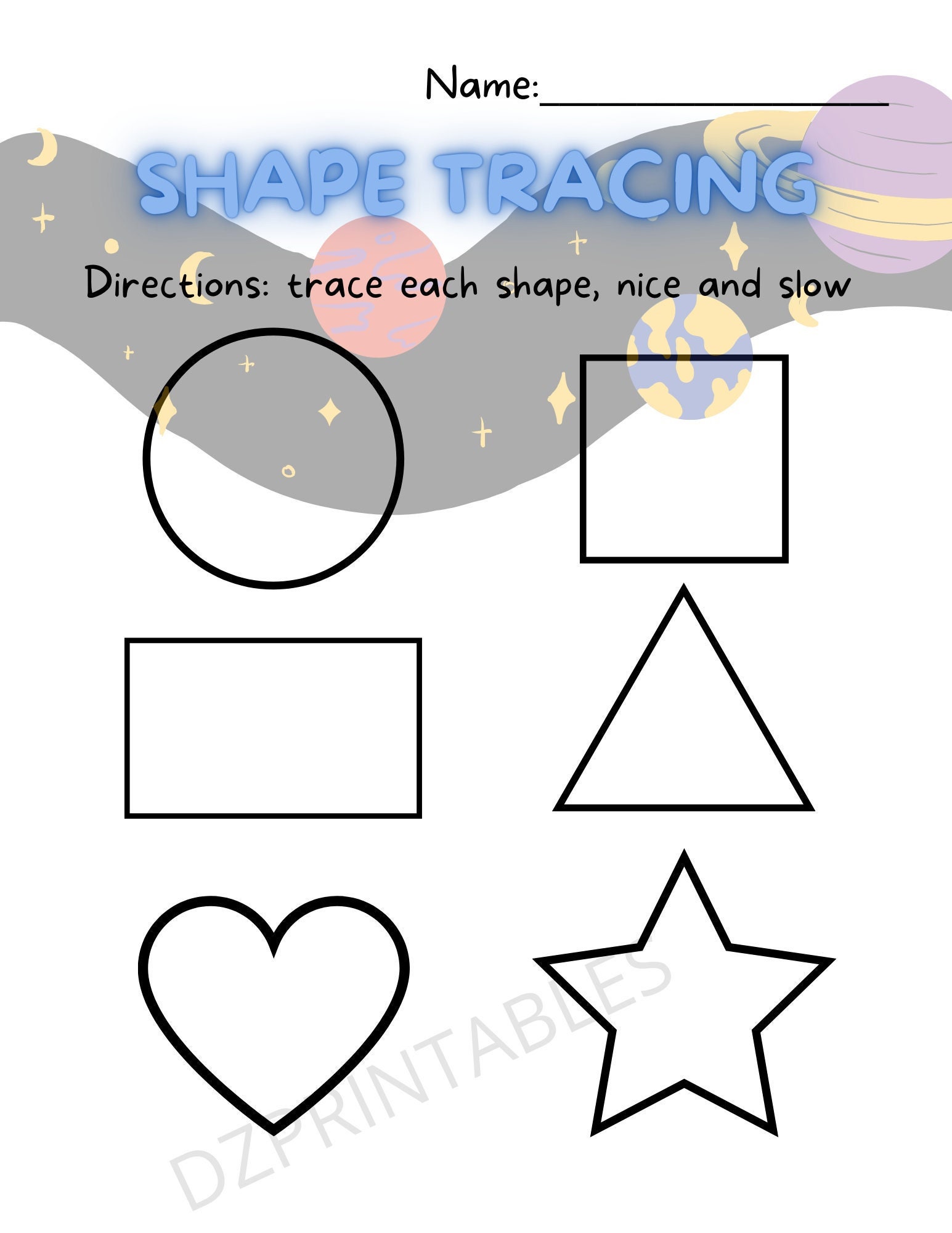 Shape Tracing Spacethemed Shape Practice Instant Download Etsy