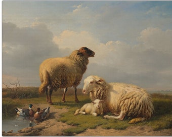 Sheep Lamb Canvas Print: Vintage Farm Life Landscape Art