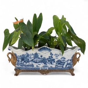 Decorative Blue and White Elongated Porcelain Planter with Bronze Swan Handles