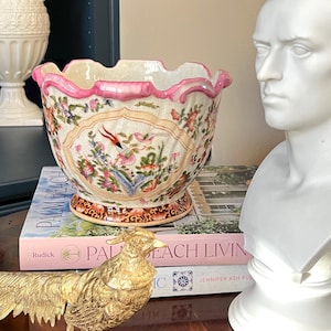 Colorful Chinoiserie Floral Porcelain Planter Cachepot, Asian Style Table Accent