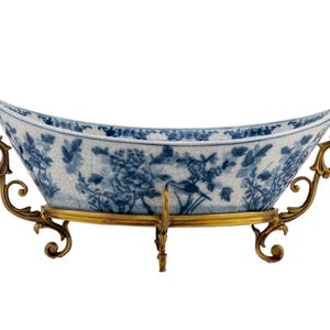 Decorative Blue and White Elongated Oval Porcelain Planter with Bronze Stand/Base