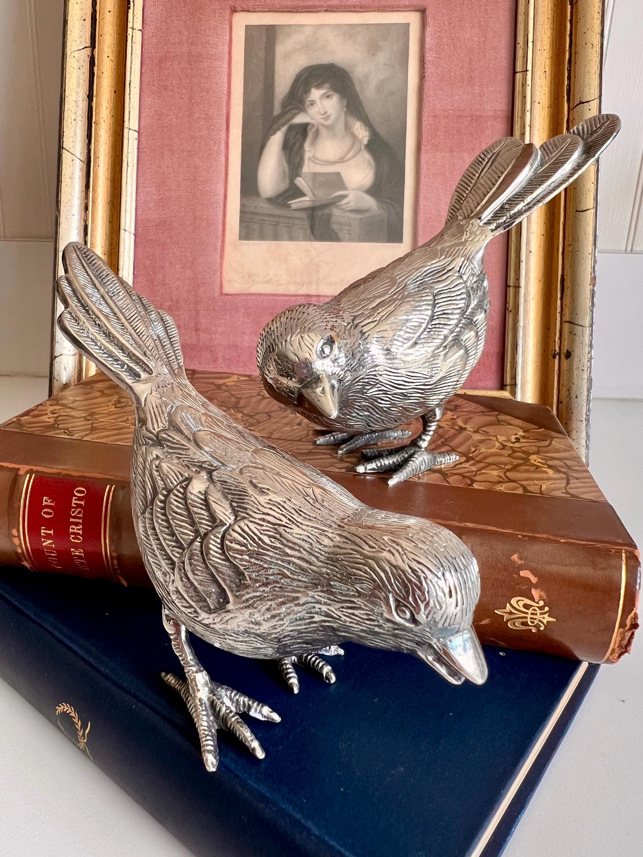 Set of 2 Silver Plated Brass Songbirds, Whimsical Table Decor, Housewarming Gift, Bookshelf Styling