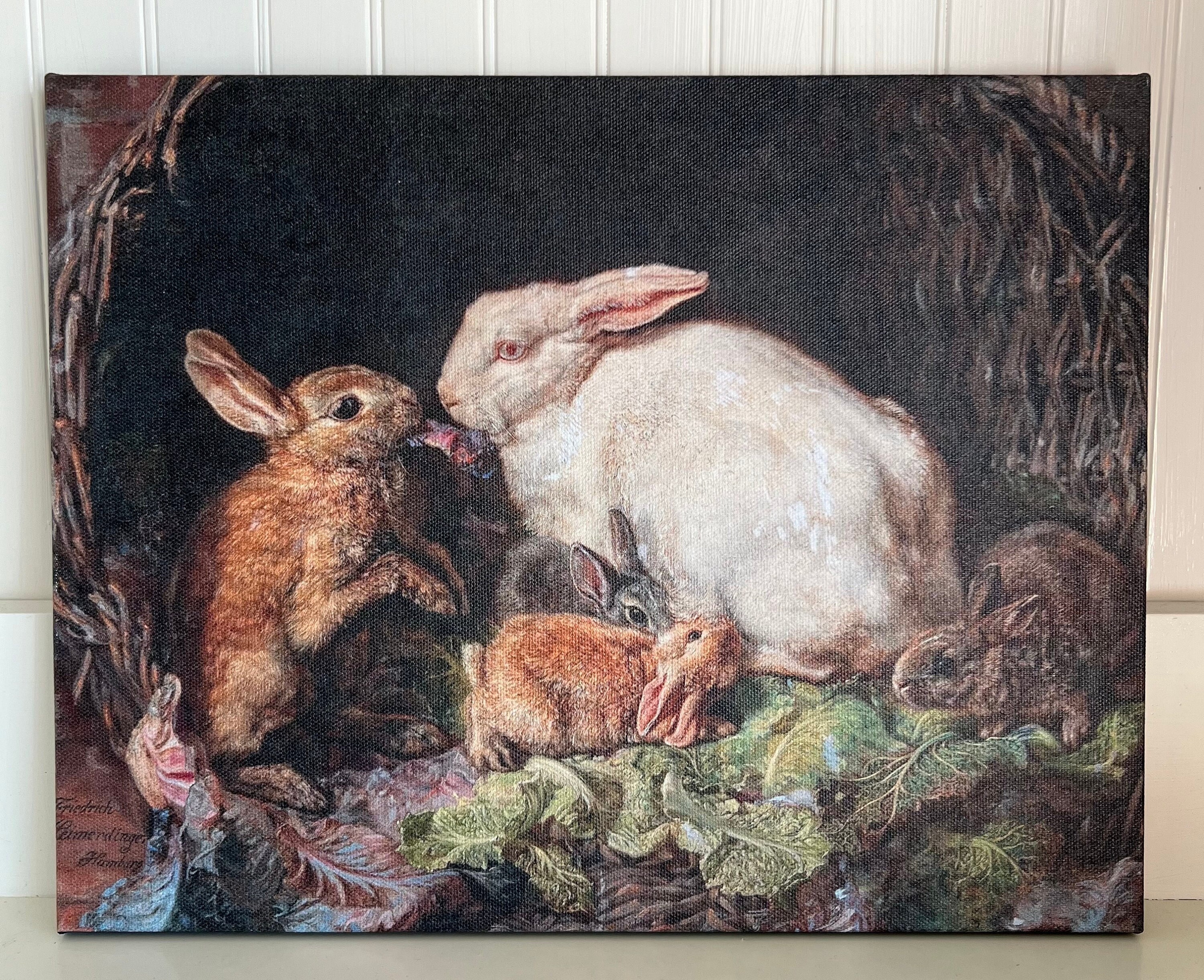 Vintage Rabbit Family Canvas Print: Cottagecore Spring Decor