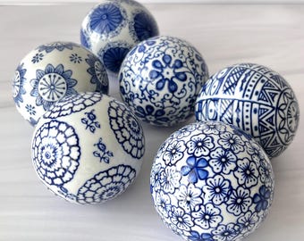 Set of 6 Blue & White Porcelain Decorative Orbs 3” Chinoiserie Bowl Fillers