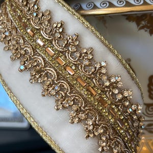 Jeweled Winter White Velvet Ribbon - Gold Embroidery, Beading - 2.5&quot; x 5 Yards