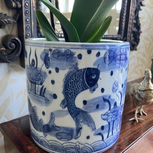 Blue and White Chinoiserie Planter, Hand Painted Fish Themed Orchid Pot