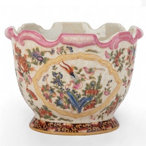 Colorful Chinoiserie Floral Porcelain Planter Cachepot, Asian Style Table Accent