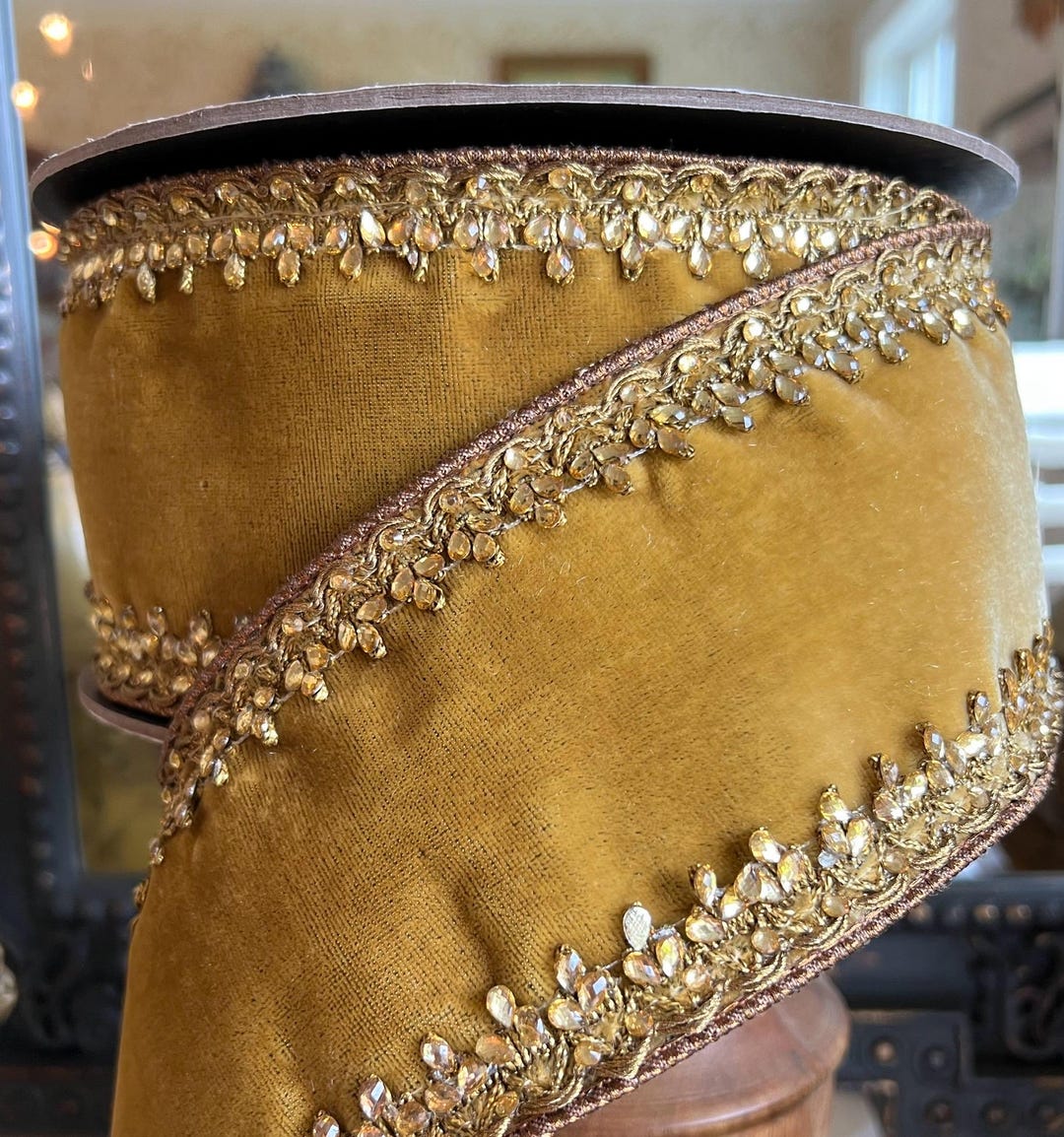 Gold Velvet Ribbon With Jeweled Trim for Weddings and Holiday ...