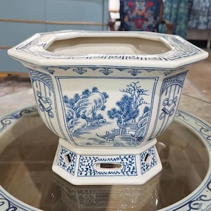 Elegant Blue and White Chinoiserie Octagonal Planter Cachepot for Table Decor
