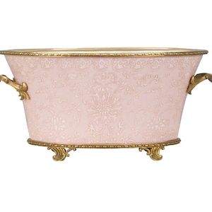 Footed Pink Chinoiserie Planter Cachepot with Bronze Ormolu Accents, Stylish Office Accessory