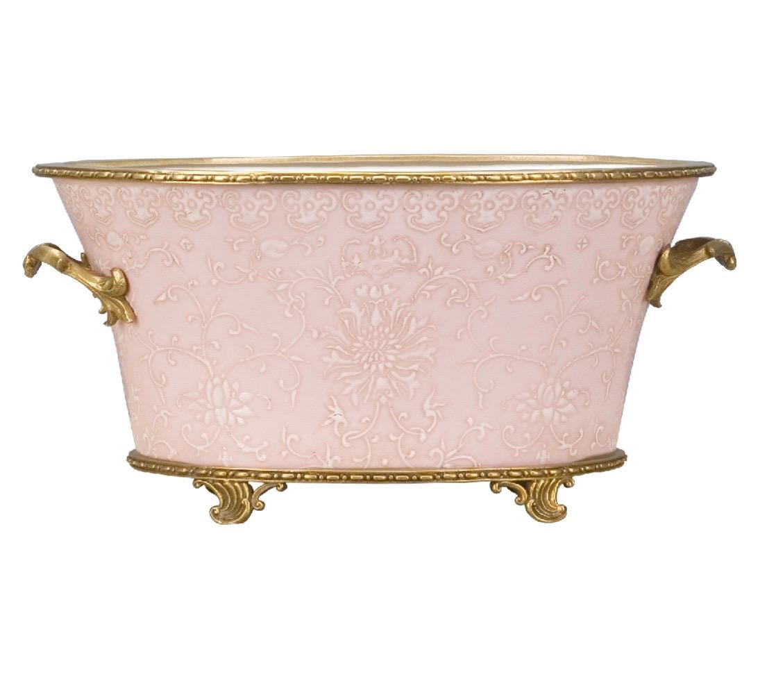 Footed Pink Chinoiserie Planter Cachepot with Bronze Ormolu Accents, Stylish Office Accessory
