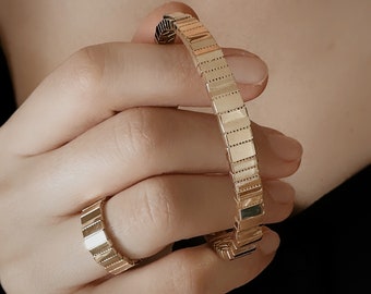 14k Solid Gold Bangle Bracelet, Gold Hoop Earrings, Plate Row Bracelet Earring Ring Set, Wedding Jewelry, Acordion Model Set,Valentine's Day