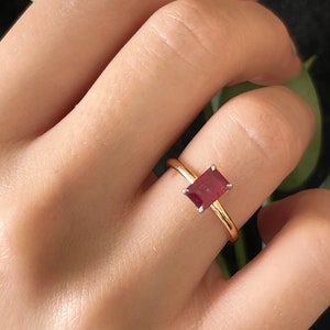 14K Solid Gold Real Ruby, Certified Natural Gemstone Ruby, Natural Red Baguette Cut Ruby, Elegant Baguette Stack Ring, Gold Minimalist Ring