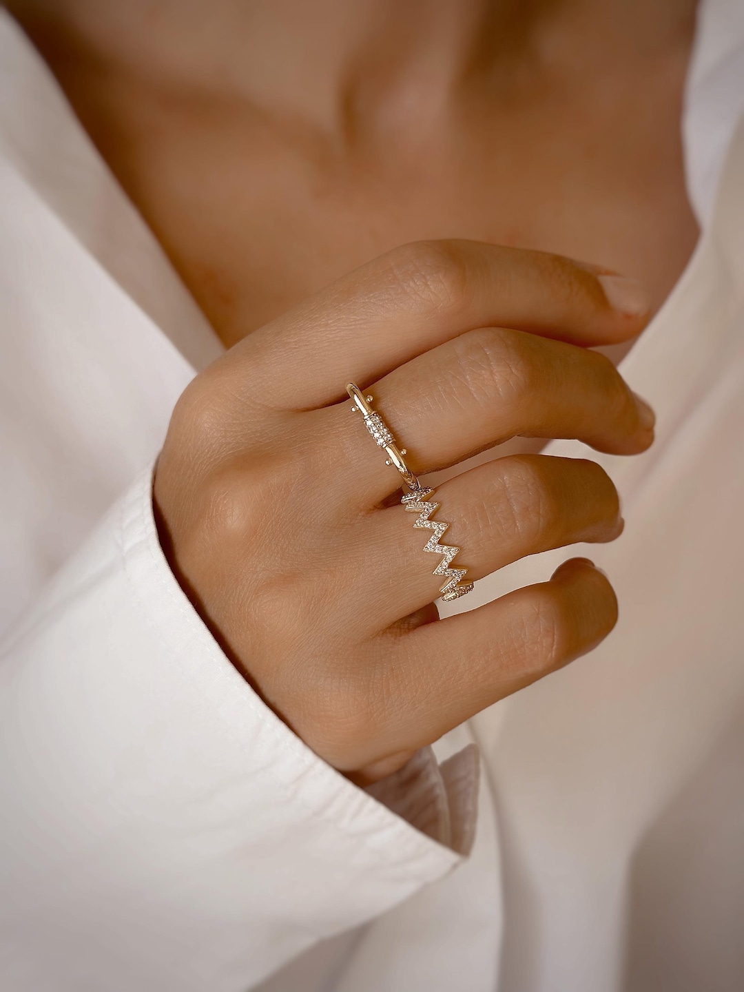 14K Solid Gold Ring Set – Minimalist Dainty Stacking Rings, Zigzag and ...