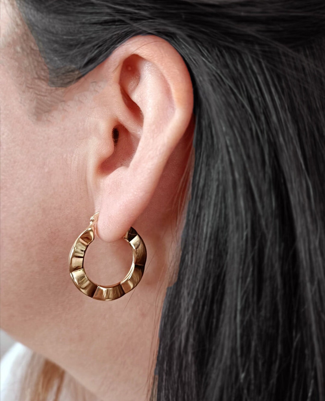 Real Gold Hoop Earrings Solid 14k Hammered Classic Hoop Etsy