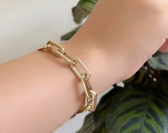 Cadena italiana de oro macizo de 14 quilates con eslabones de piedra ovalada, pulsera de eslabones gruesos, clip de papel de oro amarillo de 14 quilates, regalo de San Valentín.