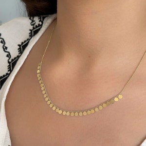 14k Yellow Gold Drop Disc Necklace, Solid Gold Dainty Multi Disk Necklace, Minimalist Disc Necklace, Flat disc necklace, Small Coin Dangle