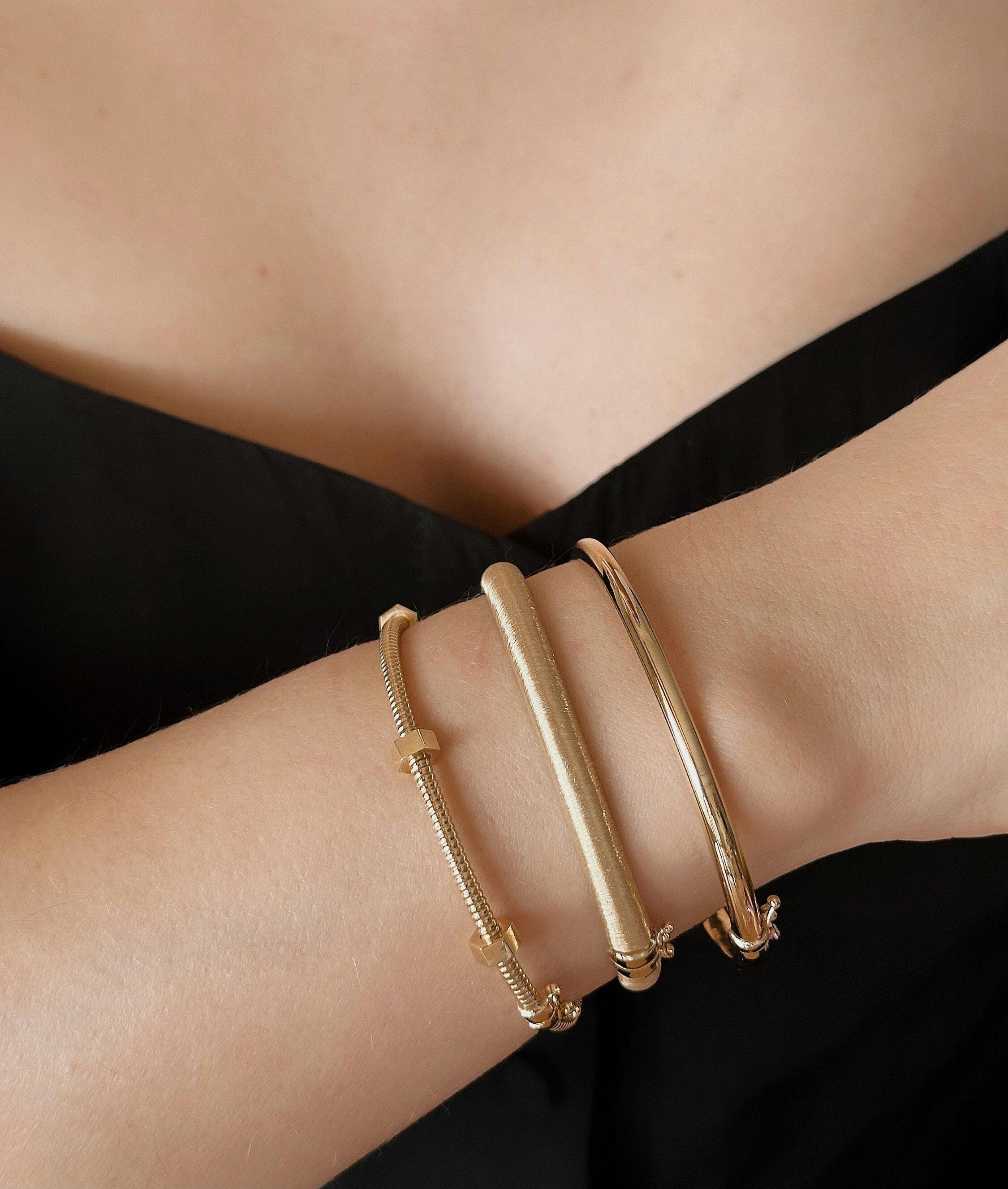 14K triple design bracelet, brushed 14K solid gold cuff bracelet, Real Gold Twist Bracelet, Gold Jewelry, Wedding Gift, Engagement Gift