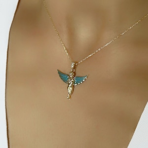 14k solid gold praying angel pendant, Angel jewelry Necklace, 14K Solid Gold Angel Pendant, Gold Cherub Necklace For Her,  Minimal Jewelry