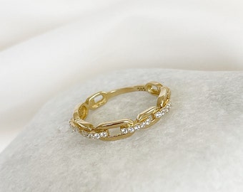 14K Solid Gold Chain Ring, 14K Minimalist Ring, 14K Gold Chain Ring, Chain Ring, Thick Chain Pavement Ring, Mother's Day Gift