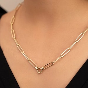 14k Solid Gold Paperclip Chain Necklace, 14k Gold Paperclip Chain, Chunky Gold Chain For Charm, Layering Chain, Gold Paperclip, Mother gift