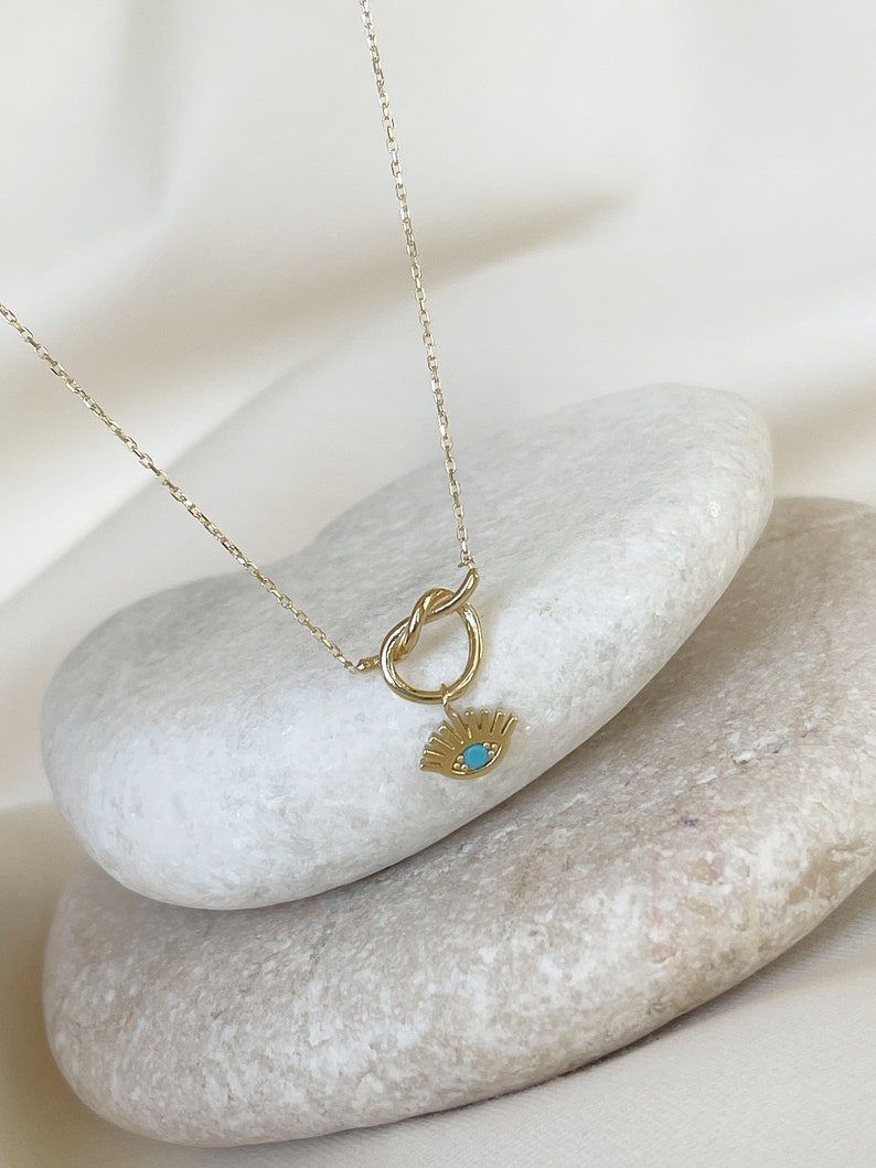 14k Solid Gold Necklace Gold Knot Necklace Round Evil Eye Etsy